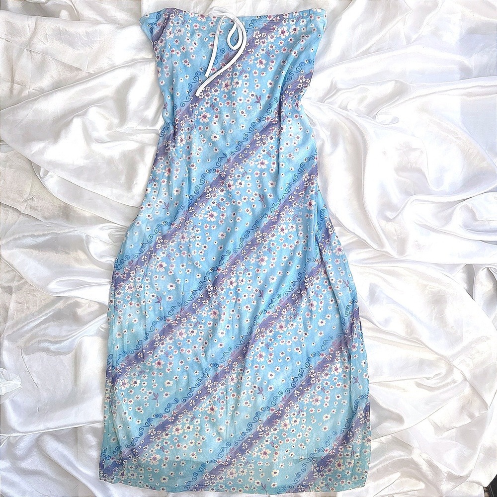 Step By Step USA Vintage Floral Strapless Tube Midi Dress Blue Purple XL Y2K